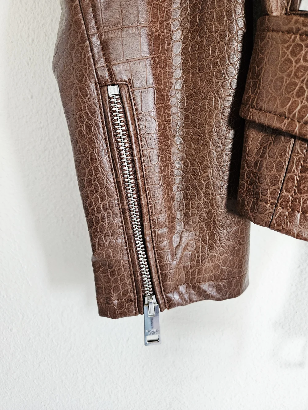 Michael Kors Women's Brown Faux Croc Moto Jacket with Belt